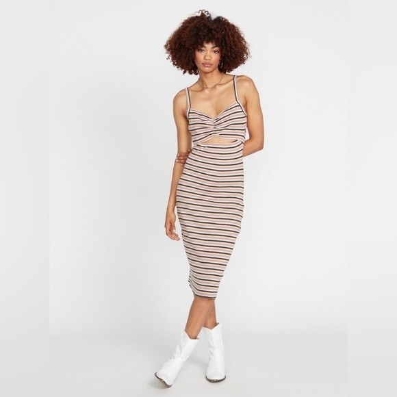 NWT VOLCOM STRIPED STONE CHECKED MIDI DRESS - ESPRESSO. Size Large - Picture 4 of 14